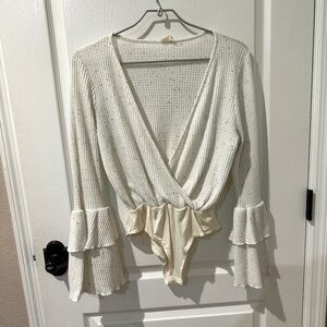 Peach Love California White Waffle Knit Faux Wrap Bodysuit Top
